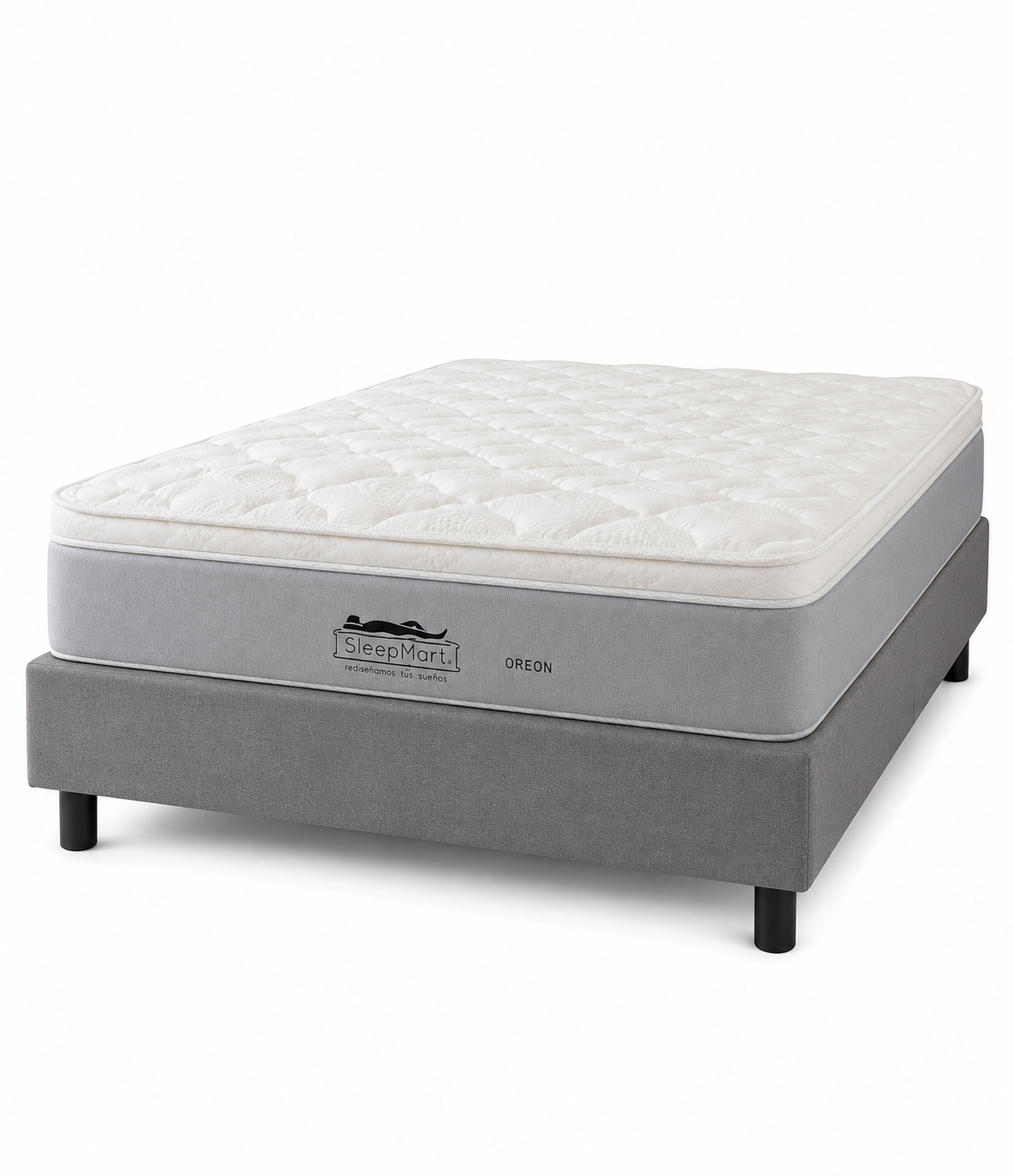 Colchón SleepMart Oreon con base gris sobre fondo blanco