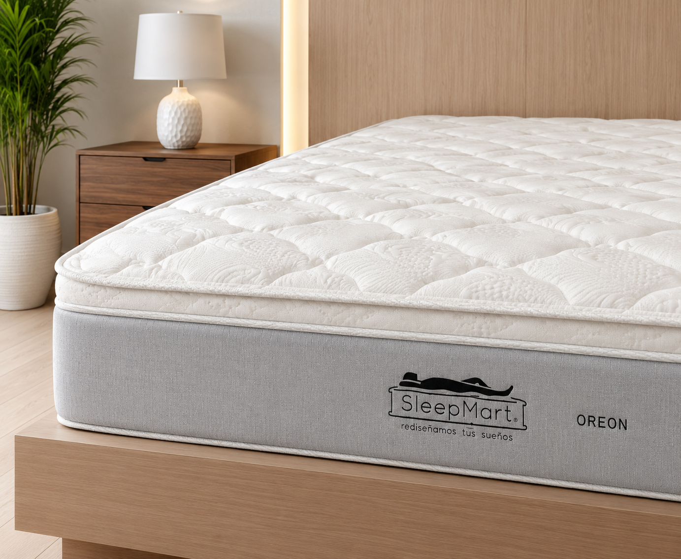Detalle de la colchoneta acolchada y acabado gris del colchón SleepMart Oreon