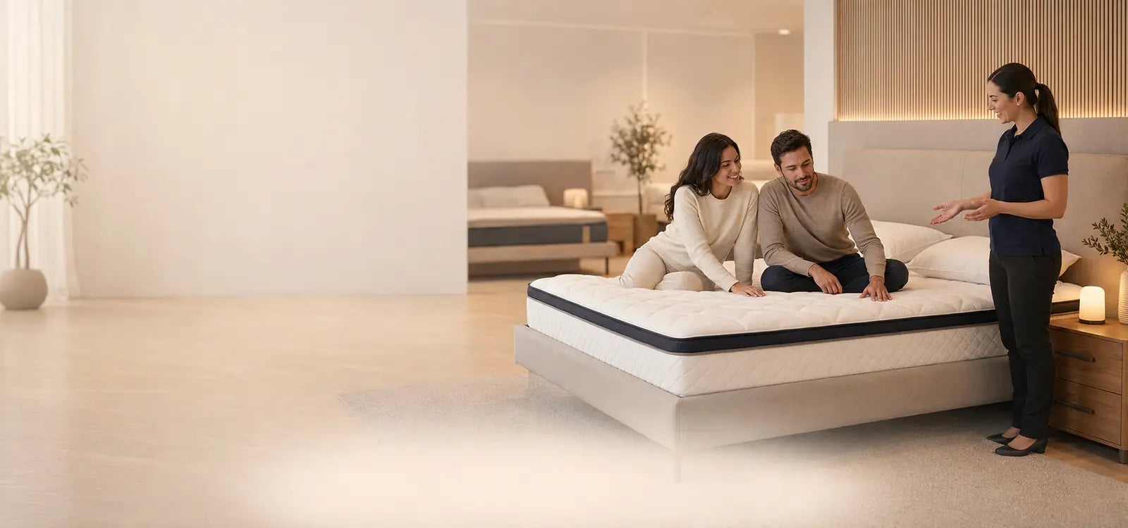 Una pareja prueba un colchón mientras recibe asesoría personalizada en una sucursal SleepMart.